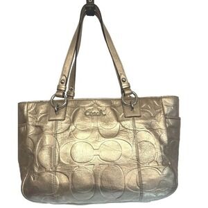 Coach East West Embossed Signature Gold Metallic Shoulder Bag Tote Purse